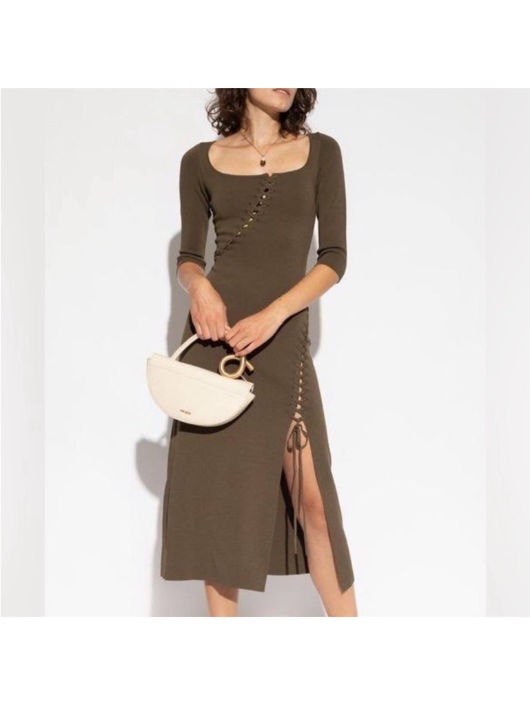 Olive Green Lace-Up Midi Dress With Scoop Neck Cult Gaia